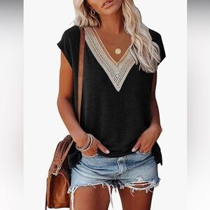 Black V-neck Crochet Trimmed Top